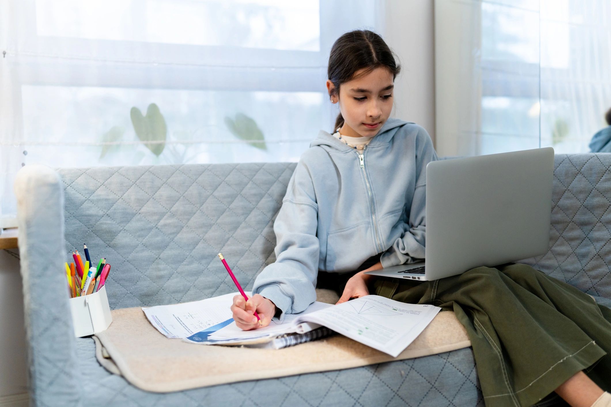 Student participating in an online educational lesson